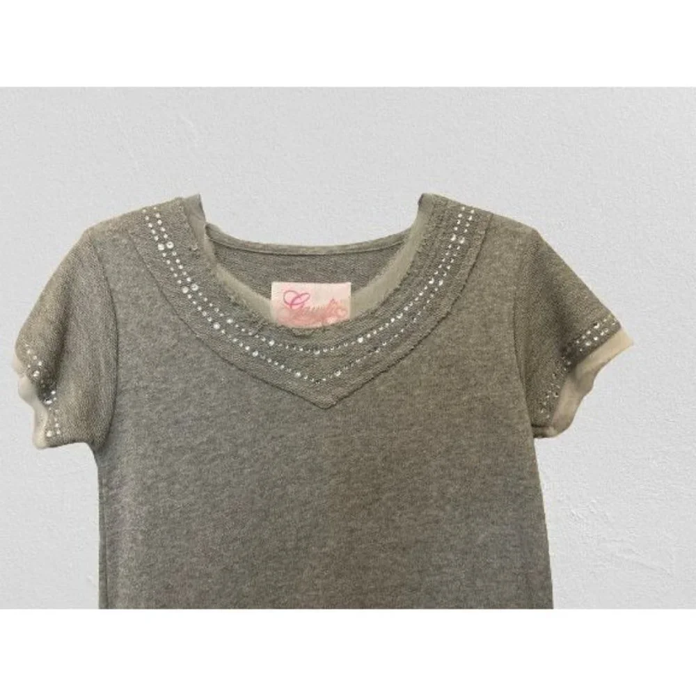 JAUDI Girls Dress Knitted Cotton Gray Crystals Crewneck Short Sleeve Size 14